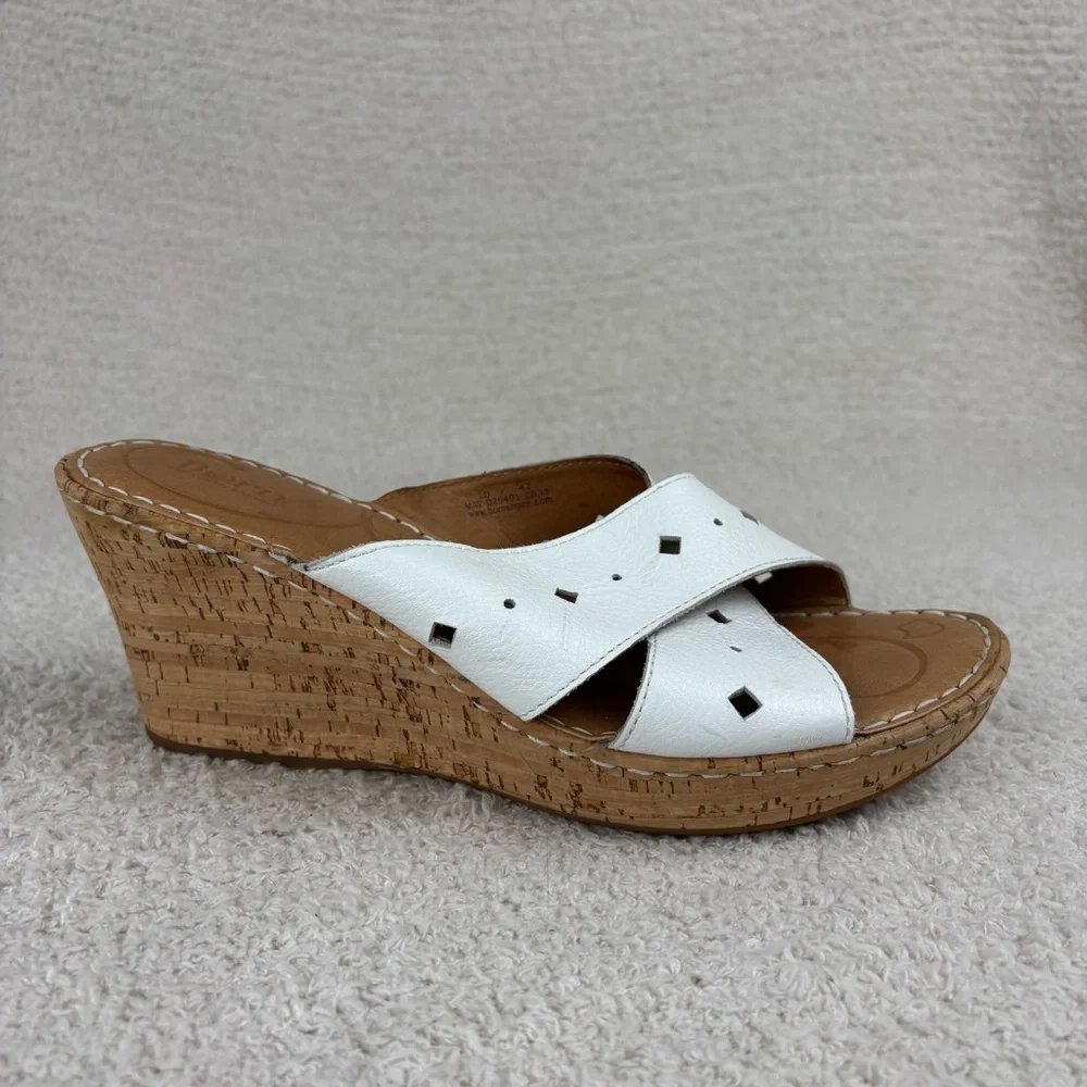 Born Sandals Womens 10‎ White Cork Canova Wedge Slip On Peep Toe Leather Comfort